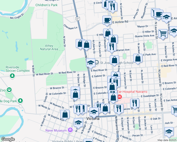 map of restaurants, bars, coffee shops, grocery stores, and more near 2 West Red River Street in Victoria