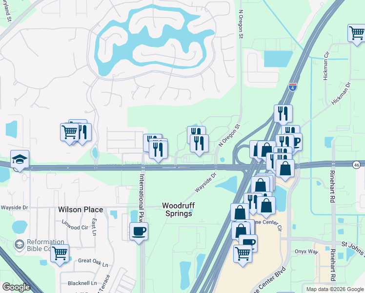 map of restaurants, bars, coffee shops, grocery stores, and more near 5354 Hawkstone Drive in Sanford