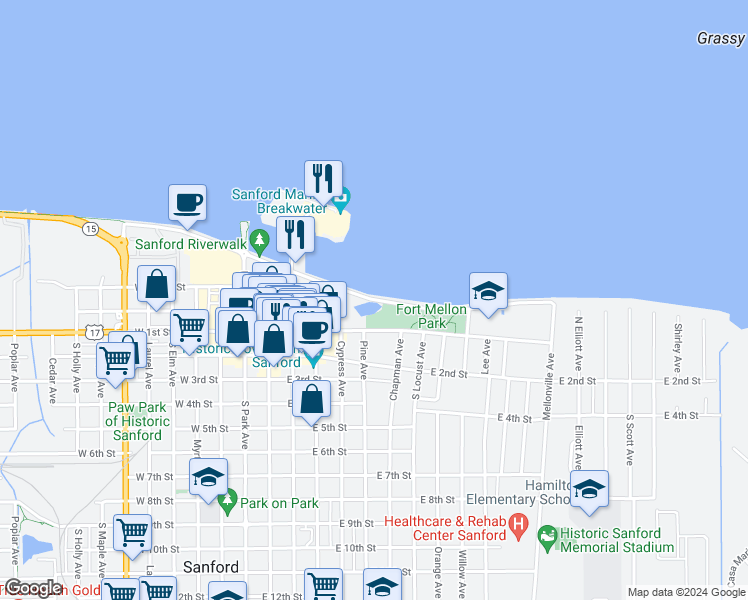 map of restaurants, bars, coffee shops, grocery stores, and more near 777 East Seminole in Sanford