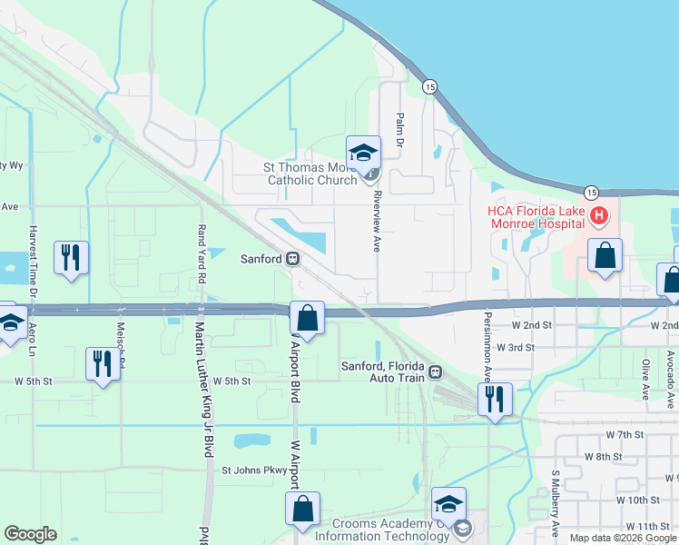 map of restaurants, bars, coffee shops, grocery stores, and more near 660 Riverview Avenue in Sanford