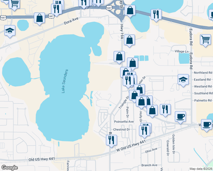map of restaurants, bars, coffee shops, grocery stores, and more near 1757 Bay Road in Mount Dora