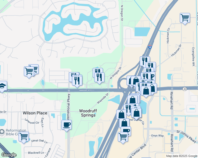map of restaurants, bars, coffee shops, grocery stores, and more near 5365 Hawkstone Drive in Sanford