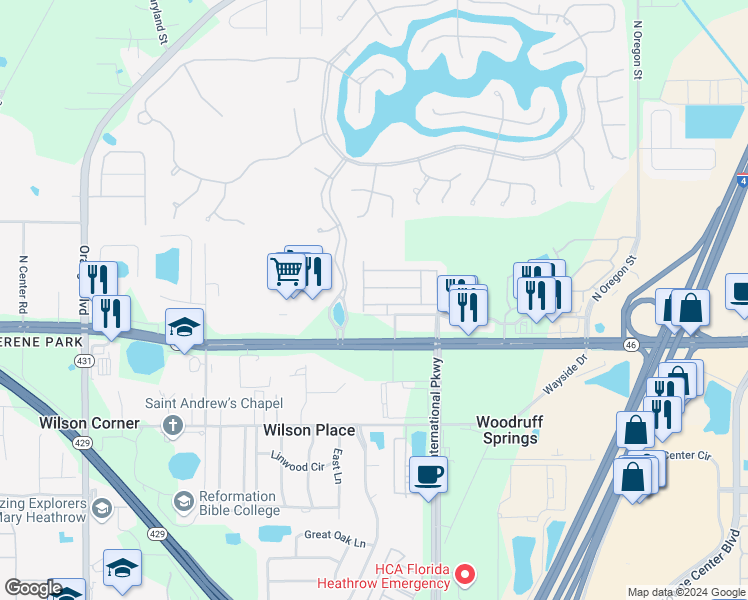 map of restaurants, bars, coffee shops, grocery stores, and more near 5134 Fiorella Lane in Sanford