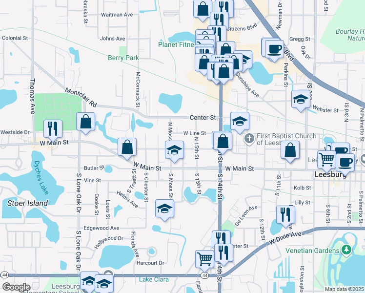 map of restaurants, bars, coffee shops, grocery stores, and more near 1514 High Street in Leesburg