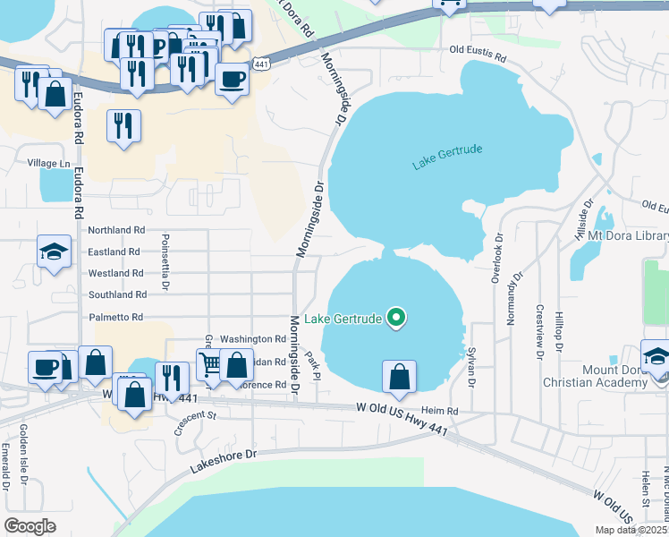 map of restaurants, bars, coffee shops, grocery stores, and more near 1845 Sylvan Point Drive in Mount Dora