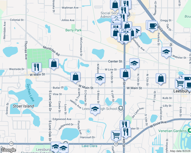 map of restaurants, bars, coffee shops, grocery stores, and more near 1704 High Street in Leesburg