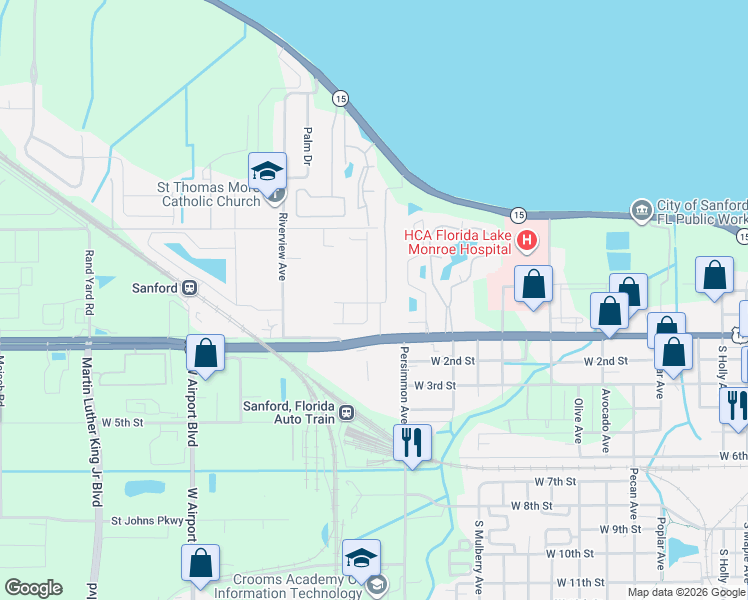 map of restaurants, bars, coffee shops, grocery stores, and more near 101-1299 Willner Circle in Sanford