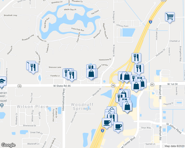 map of restaurants, bars, coffee shops, grocery stores, and more near 5365 Hawkstone Drive in Sanford
