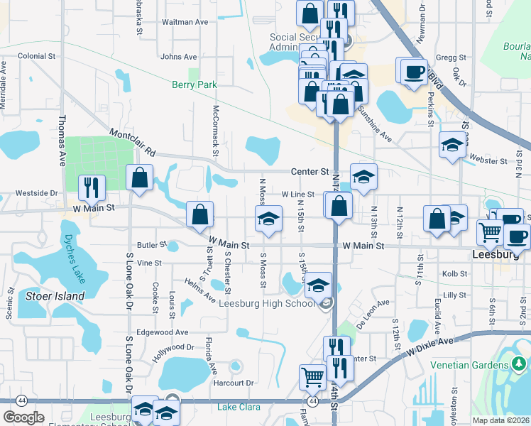 map of restaurants, bars, coffee shops, grocery stores, and more near 211 North Moss Street in Leesburg
