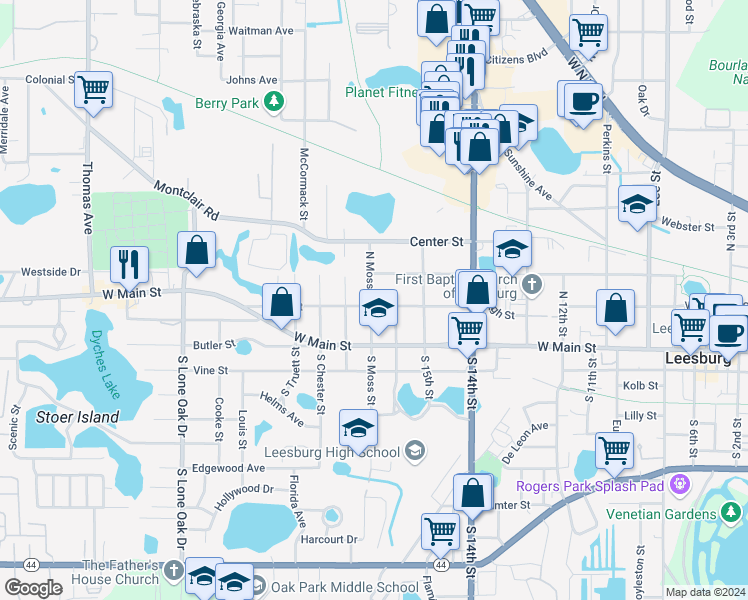map of restaurants, bars, coffee shops, grocery stores, and more near 211 North Moss Street in Leesburg