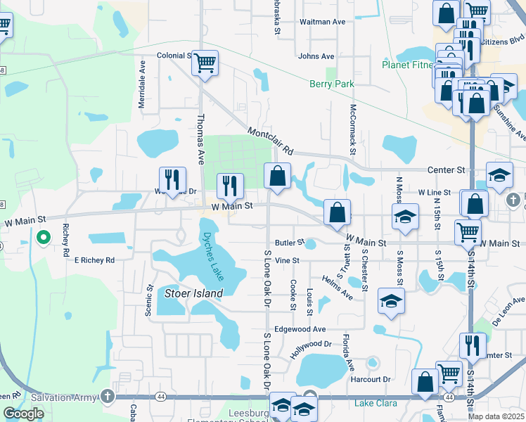 map of restaurants, bars, coffee shops, grocery stores, and more near 2300 West Main Street in Leesburg