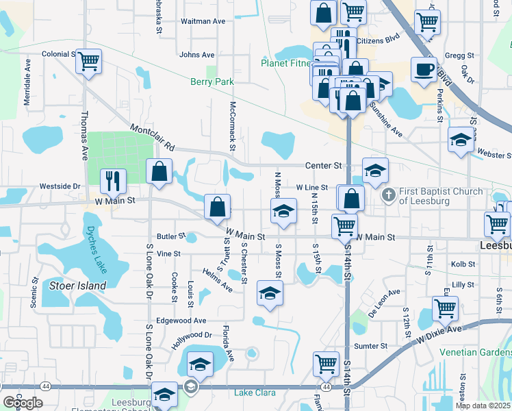 map of restaurants, bars, coffee shops, grocery stores, and more near 1802 High Street in Leesburg