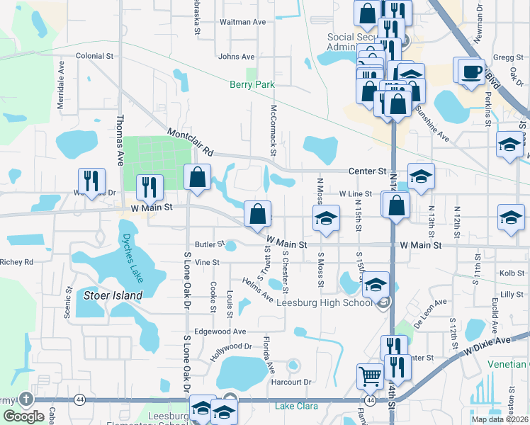 map of restaurants, bars, coffee shops, grocery stores, and more near 209 North Truett Street in Leesburg