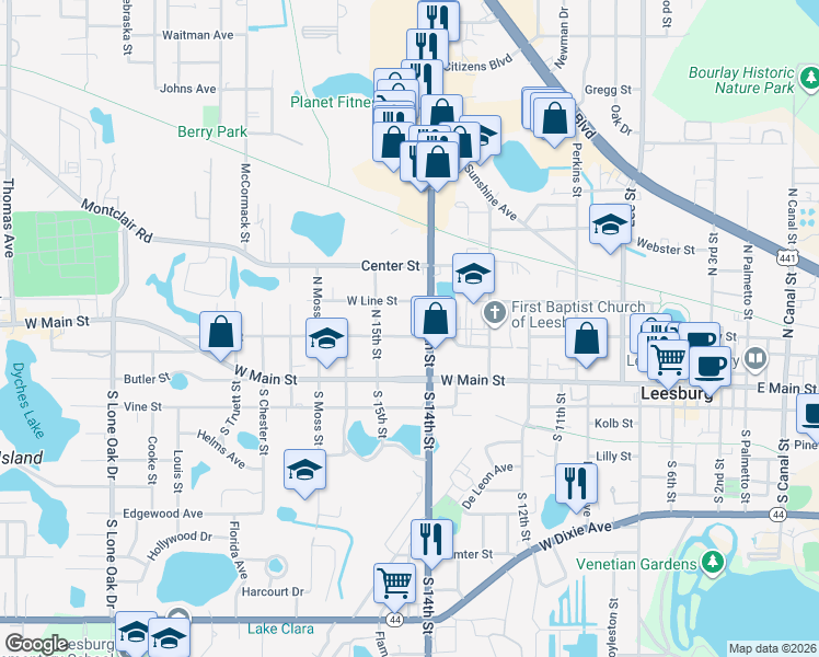 map of restaurants, bars, coffee shops, grocery stores, and more near 209 North 14th Street in Leesburg
