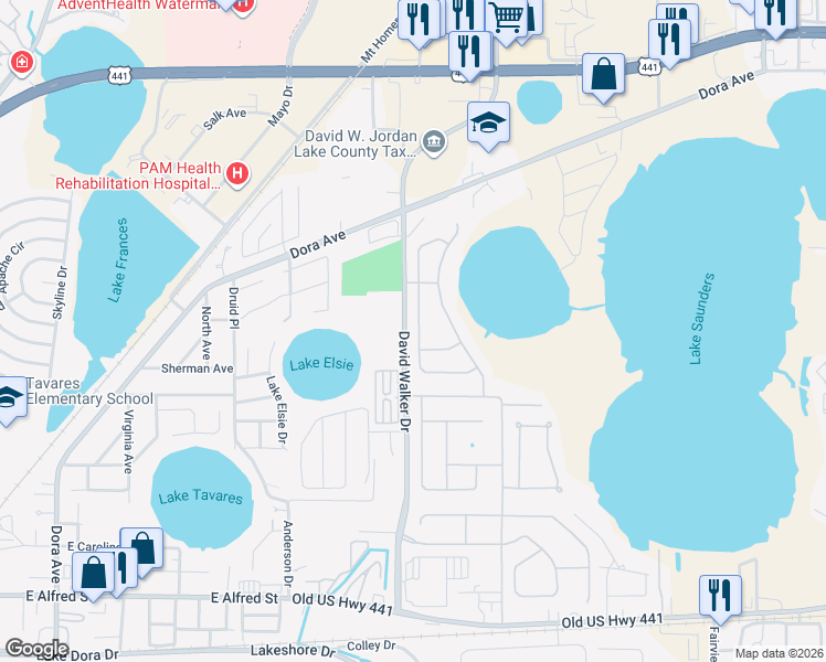map of restaurants, bars, coffee shops, grocery stores, and more near 1216 Longville Circle in Tavares