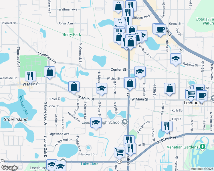 map of restaurants, bars, coffee shops, grocery stores, and more near 1512 High Street in Leesburg