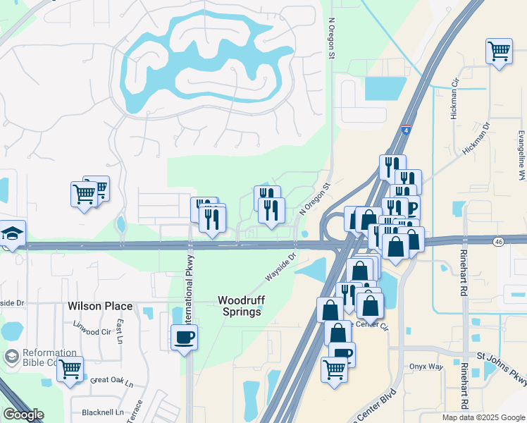 map of restaurants, bars, coffee shops, grocery stores, and more near 5365 Hawkstone Drive in Sanford
