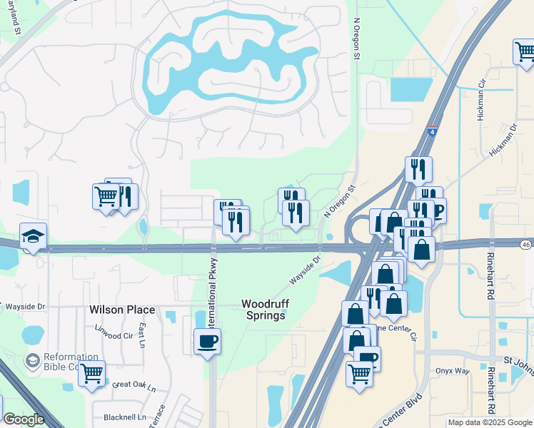 map of restaurants, bars, coffee shops, grocery stores, and more near 776 Shropshire Loop in Sanford