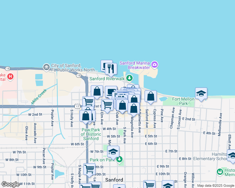 map of restaurants, bars, coffee shops, grocery stores, and more near 101 West Fulton Street in Sanford