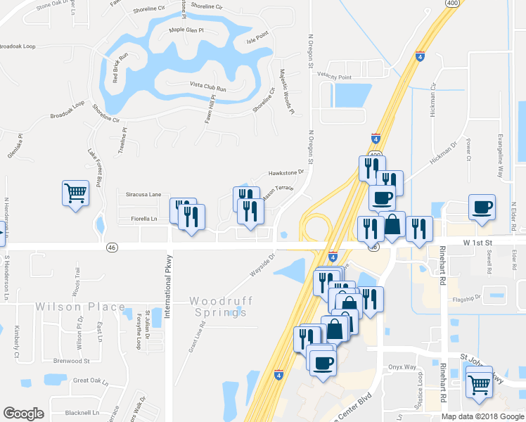 map of restaurants, bars, coffee shops, grocery stores, and more near 429 Hilgard Cove in Sanford
