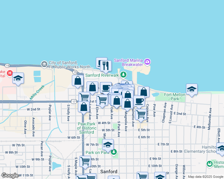 map of restaurants, bars, coffee shops, grocery stores, and more near 101 West Fulton Street in Sanford