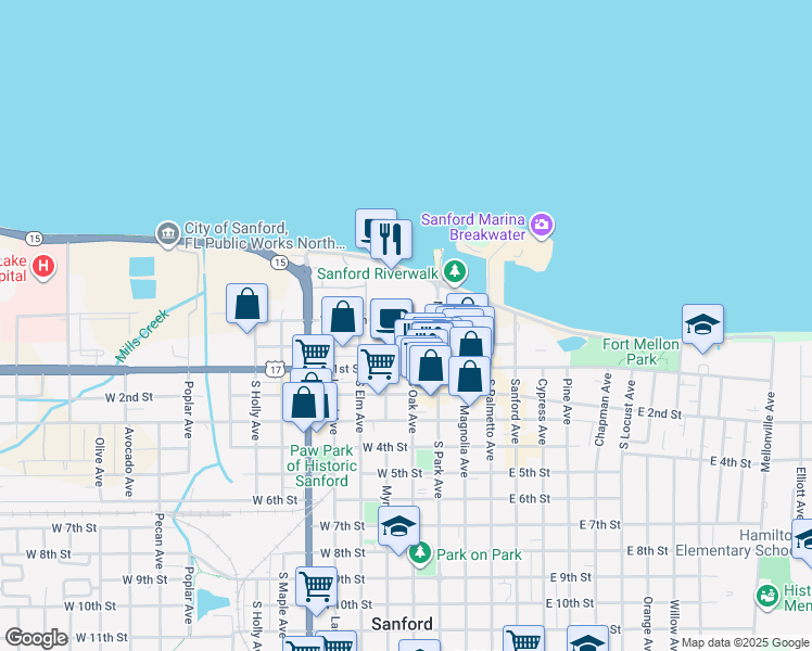 map of restaurants, bars, coffee shops, grocery stores, and more near 291 West Fulton Street in Sanford
