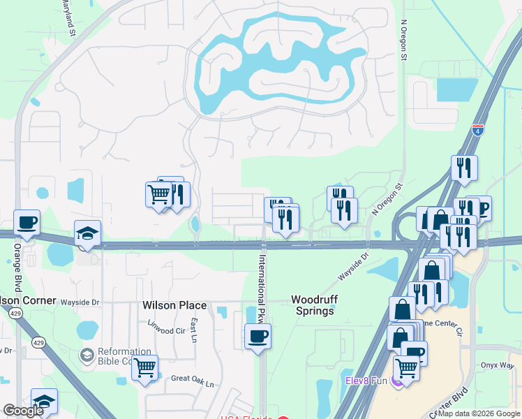 map of restaurants, bars, coffee shops, grocery stores, and more near 286 Terracina Drive in Sanford