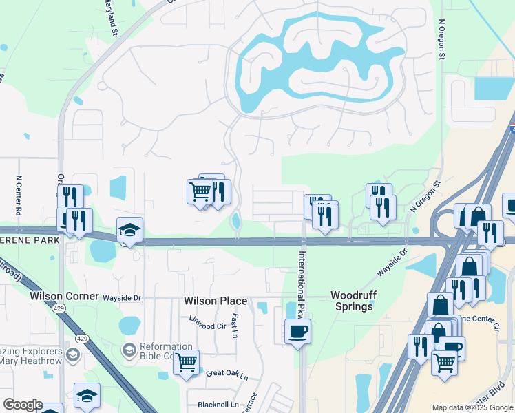 map of restaurants, bars, coffee shops, grocery stores, and more near 5448 Via Appia Way in Sanford