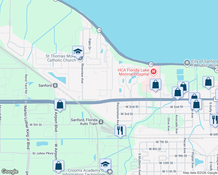 map of restaurants, bars, coffee shops, grocery stores, and more near 101-1299 Willner Circle in Sanford