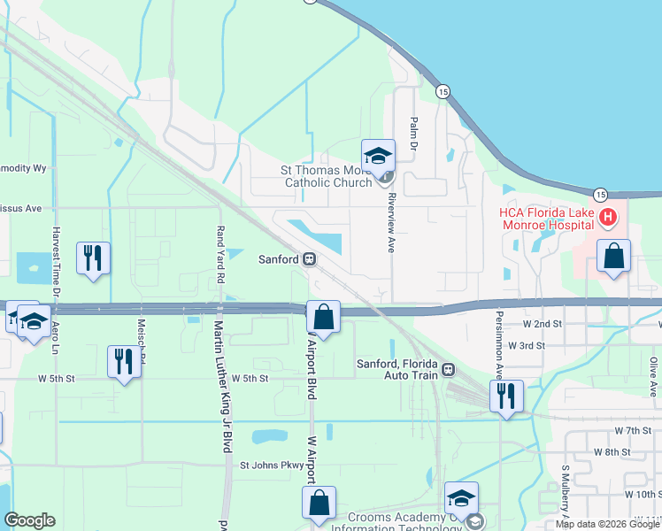 map of restaurants, bars, coffee shops, grocery stores, and more near 2574 River Landing Drive in Sanford