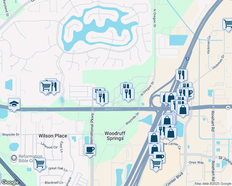 map of restaurants, bars, coffee shops, grocery stores, and more near 780 Shropshire Loop in Sanford