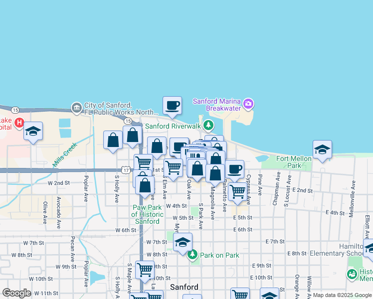 map of restaurants, bars, coffee shops, grocery stores, and more near 291 West Fulton Street in Sanford