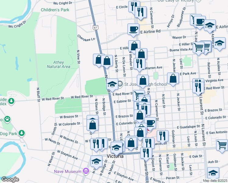 map of restaurants, bars, coffee shops, grocery stores, and more near 110 East Red River Street in Victoria
