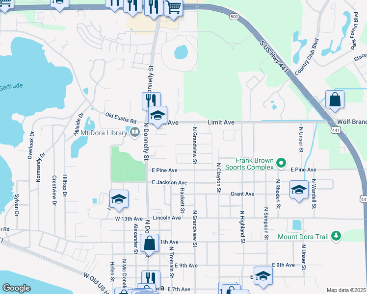 map of restaurants, bars, coffee shops, grocery stores, and more near 221 E 19th Ave in Mt Dora