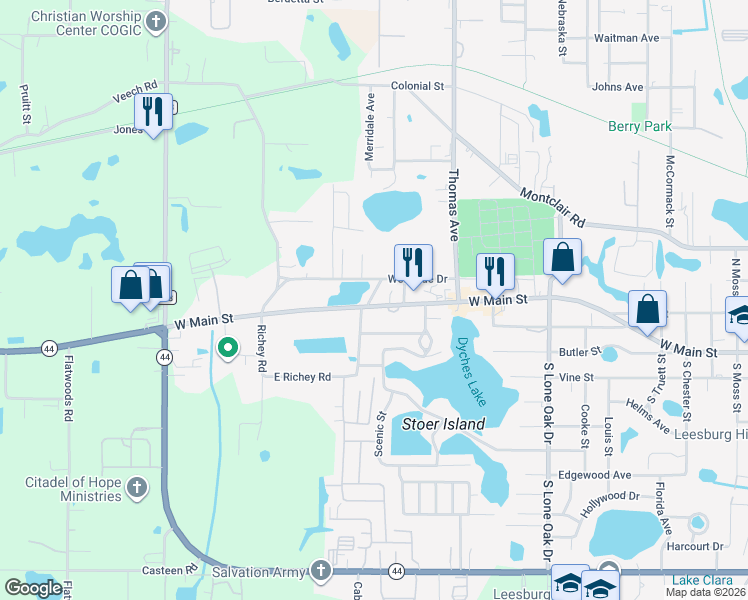 map of restaurants, bars, coffee shops, grocery stores, and more near 2516 West Main Street in Leesburg