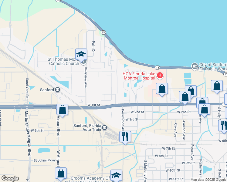map of restaurants, bars, coffee shops, grocery stores, and more near 101-1299 Willner Circle in Sanford