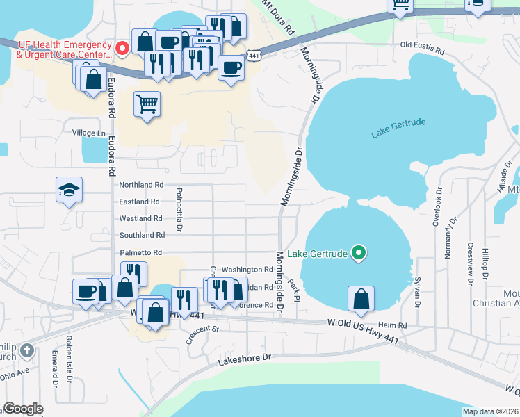 map of restaurants, bars, coffee shops, grocery stores, and more near 2135 Sylvan Point Road in Mount Dora