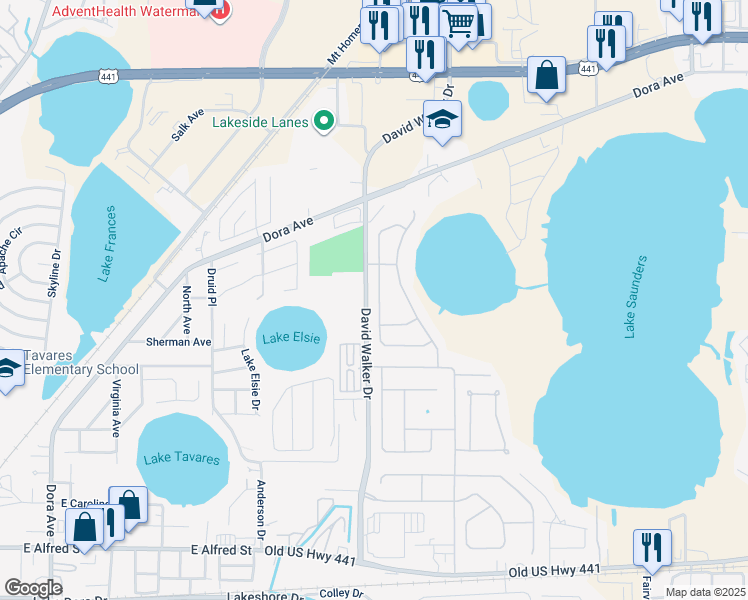 map of restaurants, bars, coffee shops, grocery stores, and more near 1224 Longville Circle in Tavares