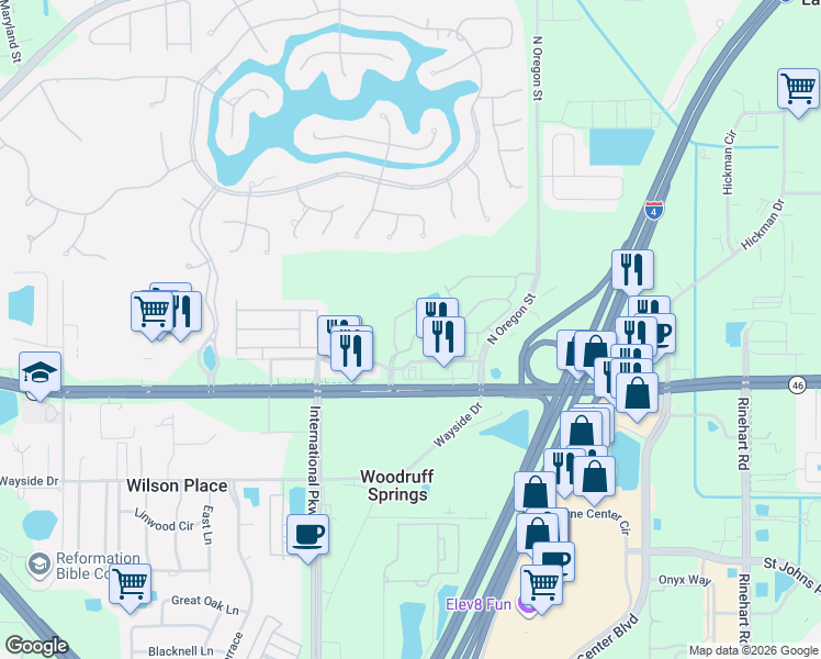 map of restaurants, bars, coffee shops, grocery stores, and more near 776 Shropshire Loop in Sanford