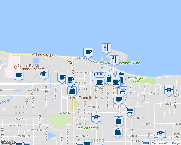 map of restaurants, bars, coffee shops, grocery stores, and more near 258 West Fulton Street in Sanford