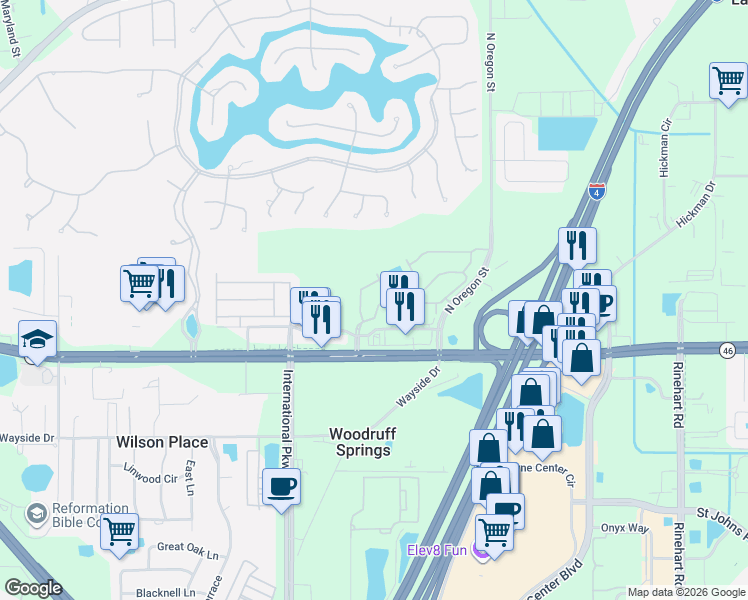 map of restaurants, bars, coffee shops, grocery stores, and more near 776 Shropshire Loop in Sanford