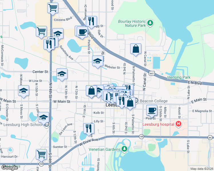 map of restaurants, bars, coffee shops, grocery stores, and more near 209 Orange Avenue in Leesburg
