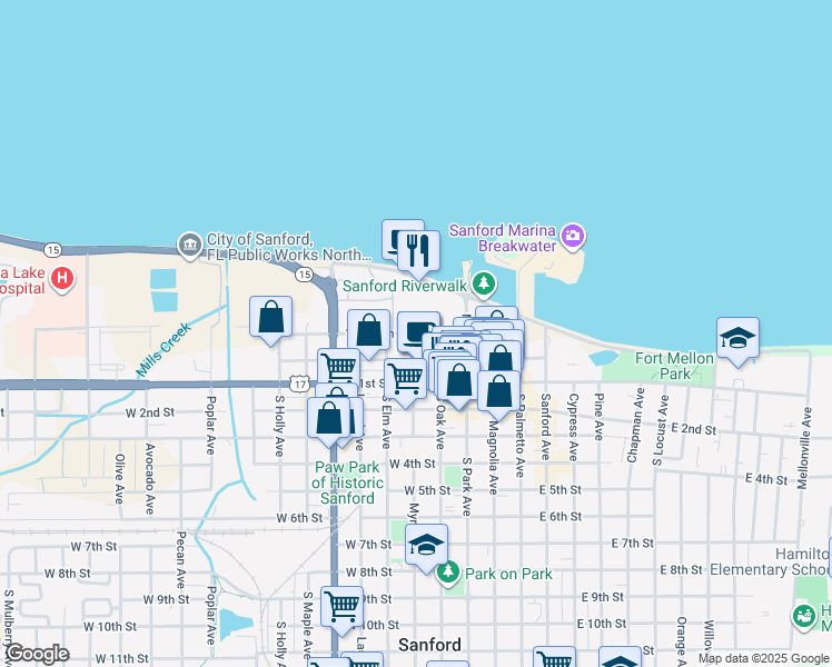 map of restaurants, bars, coffee shops, grocery stores, and more near 291 West Fulton Street in Sanford