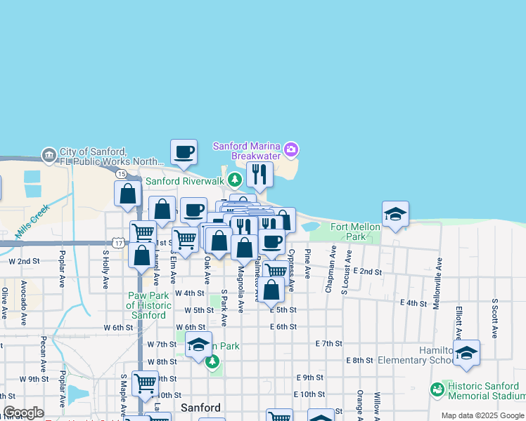 map of restaurants, bars, coffee shops, grocery stores, and more near 221 North Palmetto Avenue in Sanford