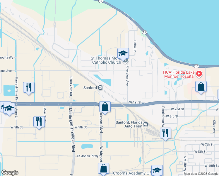 map of restaurants, bars, coffee shops, grocery stores, and more near 2568 River Landing Drive in Sanford