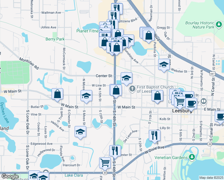 map of restaurants, bars, coffee shops, grocery stores, and more near 209 North 14th Street in Leesburg