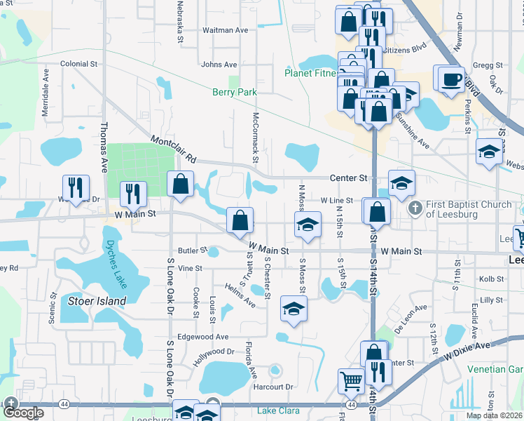 map of restaurants, bars, coffee shops, grocery stores, and more near 208 North Chester Street in Leesburg