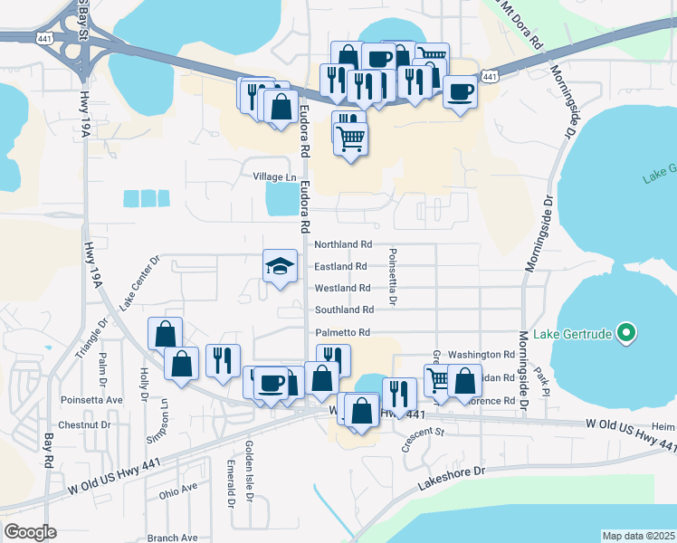 map of restaurants, bars, coffee shops, grocery stores, and more near 2866 Eastland Road in Mount Dora