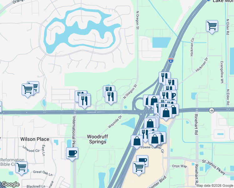 map of restaurants, bars, coffee shops, grocery stores, and more near 5259 Maxon Terrace in Sanford