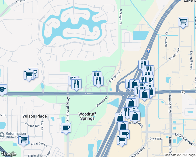 map of restaurants, bars, coffee shops, grocery stores, and more near 5212 Maxon Terrace in Sanford